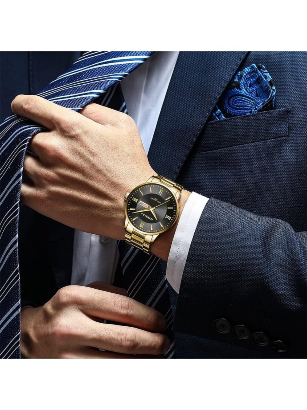 Men's Gold Black Luxury Stainless Steel Chronograph Analog Quartz Round Watch - Picture 5 of 5